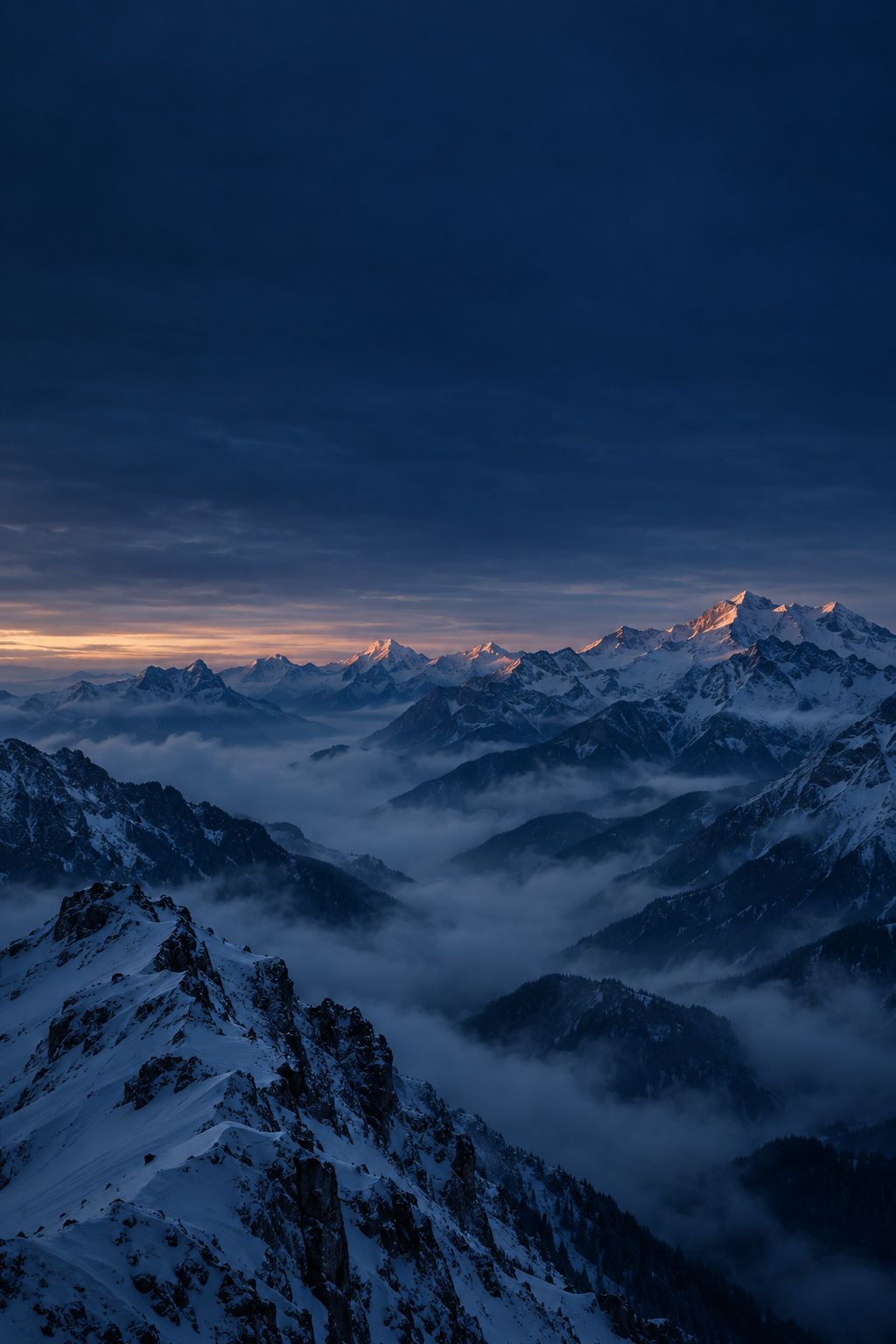 Snow-covered mountain range at blue hour