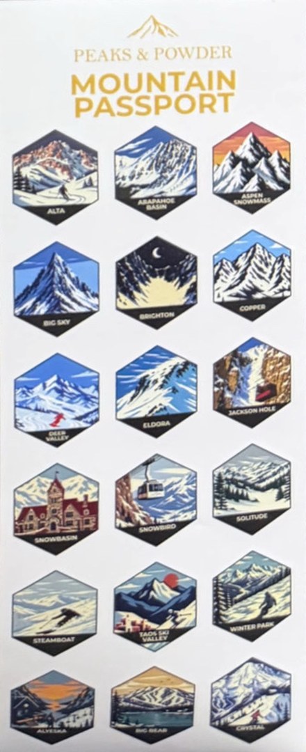 The Passport 75 sticker sheet with the Peaks & Powder header